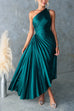 Karleedress One Shoulder Cut Out Waist Pleated Satin Maxi Dress