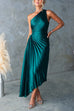 Karleedress One Shoulder Cut Out Waist Pleated Satin Maxi Dress
