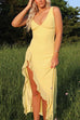 Karleedress V Neck Sleeveless Ruffle High Slit Midi Dress