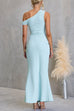 One Shoulder Ruched Bodycon Maxi Dress with Gold Spiral Accent
