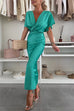 Karleedress V Neck Twist Front Waisted Satin Midi Dress