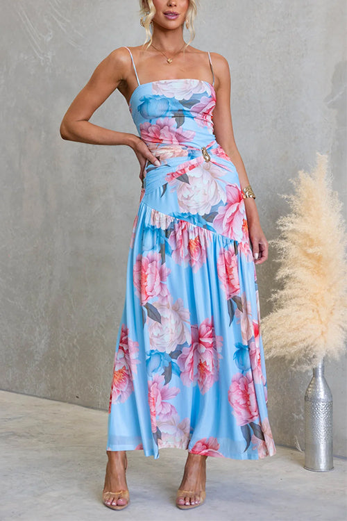Strappy Ruched Waist Slit Floral Print Maxi Dress