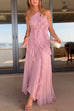 Karleedress Strappy Halter Neck Ruffle Trim Asymmetric Hem Pleated Maxi Dress