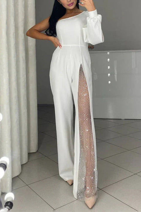 Karleedress Stylish One Shoulder Slit Long Sleeve Mesh Splice Wide Leg Jumpsuit