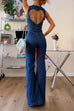 Karleedress Zip Up Sleeveless Heart Back Bell Bottom Denim Jumpsuit