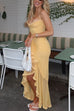 Karleedress Spaghetti Strap Frill Trim Draped Slit Maxi Dress