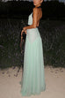 Karleedress Deep V Neck Halter Backless Color Block Bow Maxi Dress