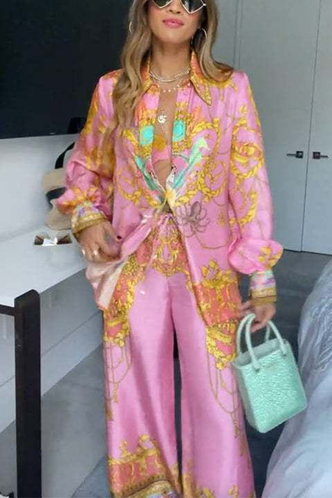 Karleedress Unique Print Lantern Long Sleeves Blouse Shirt and Wide Leg Pants Holiday Outfit Set