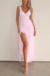 Karleedress V Neck Sleeveless Ruffle High Slit Midi Dress