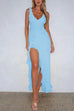 Karleedress V Neck Sleeveless Ruffle High Slit Midi Dress