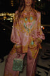 Karleedress Unique Print Lantern Long Sleeves Blouse Shirt and Wide Leg Pants Holiday Outfit Set