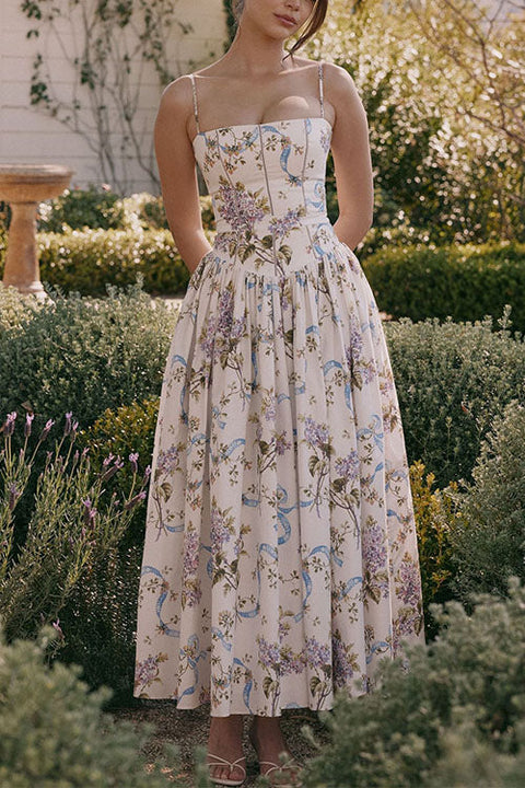Karleedress Spaghetti Strap Floral Print Bustier A-line Maxi Dress