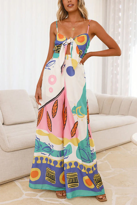 Karleedress Knot Front Cut Out Pocketed Wide Leg Printed Cami Jumpsuit