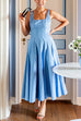 Square Neck Sleeveless A-line Striped Midi Dress