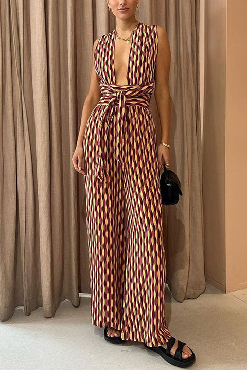 Karleedress Chic Back Criss Cross Knot Waist Wide Leg Printed Jumpsuit