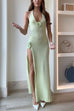 Karleedress Halter V Neck Backless Slit Rose Applique Knit Maxi Dress