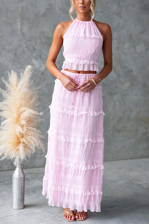 Karleedress Ruffle Trim Halter Open Back Crop Top and Drawstring Waist Maxi Skirt Set