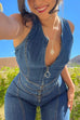 Karleedress Zip Up Sleeveless Heart Back Bell Bottom Denim Jumpsuit