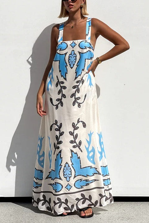 Karleedress Square Neck Tie Knot Backless Printed Maxi Cami Dress