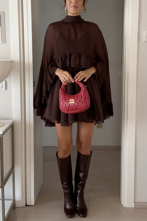 Chic High Neck Sheer Ruffle Hem Cape Mini Dress