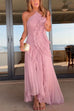 Karleedress Strappy Halter Neck Ruffle Trim Asymmetric Hem Pleated Maxi Dress