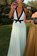 Karleedress Deep V Neck Halter Backless Color Block Bow Maxi Dress