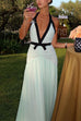Karleedress Deep V Neck Halter Backless Color Block Bow Maxi Dress