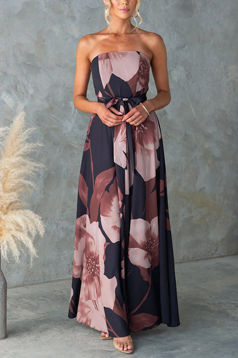 Strapless Tie Waist Floral Print Flowy Maxi Dress