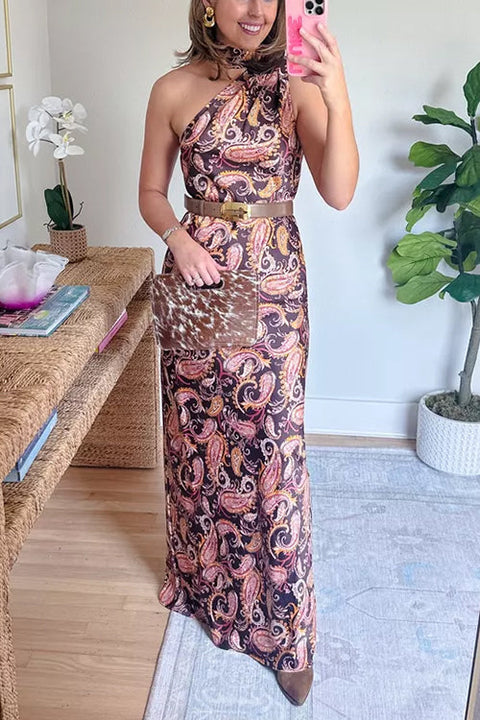 One Shoulder Sleeveless Paisley Print Maxi Dress