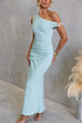 One Shoulder Ruched Bodycon Maxi Dress with Gold Spiral Accent