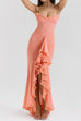 Karleedress Spaghetti Strap Frill Trim Draped Slit Maxi Dress