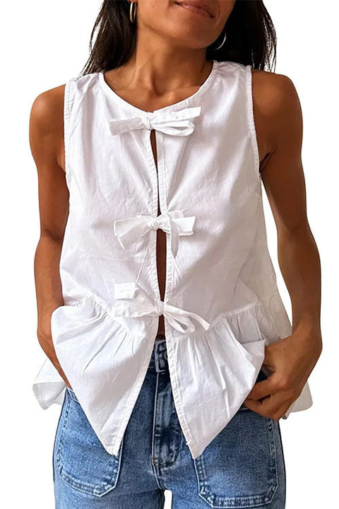 Karleedress Bow Front Sleeveless Cotton Linen Ruffle Top(in 6 Colors)