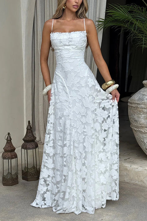 Karleedress Spaghetti Strap Backless Lace-up Jacquard Maxi Dress