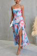 Strappy Ruched Waist Slit Floral Print Maxi Dress