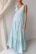 Karleedress V Neck Ruffle Trim Tiered Sleeveless Linen Maxi Dress