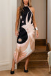 Karleedress Halter Neck Open Back Asymmetric Hem Printed Satin Midi Dress