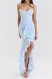 Karleedress Spaghetti Strap Frill Trim Draped Slit Maxi Dress