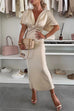 Karleedress V Neck Twist Front Waisted Satin Midi Dress