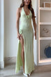 Karleedress Halter V Neck Backless Slit Rose Applique Knit Maxi Dress