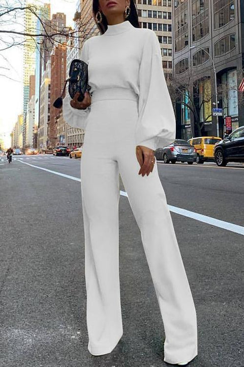 Karleedress Solid Mockneck Lantern Sleeve Waisted Straight Leg Jumpsuit