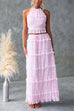Karleedress Ruffle Trim Halter Open Back Crop Top and Drawstring Waist Maxi Skirt Set