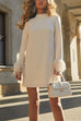Karleedress Mockneck Feather Trim Long Sleeves Mini Dress
