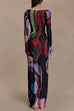 Boat Neck Long Sleeves Watercolor Print Maxi Dress