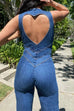 Karleedress Zip Up Sleeveless Heart Back Bell Bottom Denim Jumpsuit