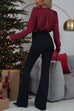 Karleedress V Neck Long Sleeves Flower Detail Satin Shirt