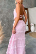 Karleedress Ruffle Trim Halter Open Back Crop Top and Drawstring Waist Maxi Skirt Set