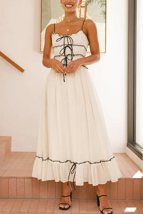 Karleedress Spaghetti Strap Frill Trim Tie Bow Maxi Dress