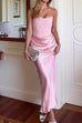 Karleedress Strapless Ruched Satin Splice Bodycon Maxi Dress