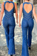 Karleedress Zip Up Sleeveless Heart Back Bell Bottom Denim Jumpsuit