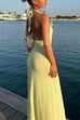 Karleedress Halter V Neck Backless Slit Rose Applique Knit Maxi Dress